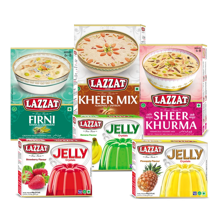 Lazzat’s collection of dessert mixes including Jelly, Custard, Sheer Khurma, and Kheer