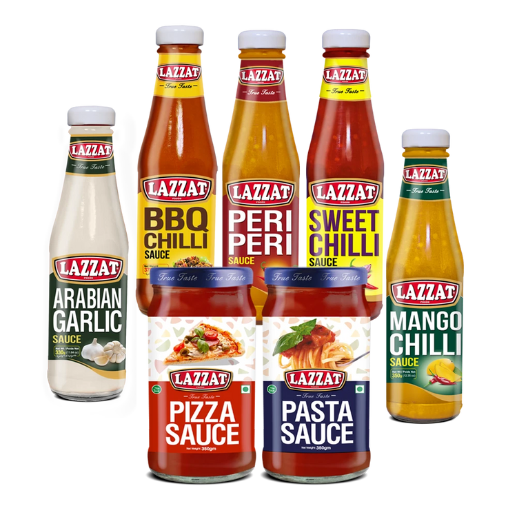 Lazzat’s gourmet sauces collection featuring Mango Chili, BBQ, Peri Peri, and more