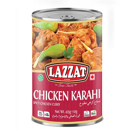 Lazzat Chicken Karahi in 435g ready-to-eat tin – Spicy, flavorful chicken karahi ideal for travel, picnics, and quick meals