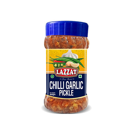 Lazzat Chilli Garlic Pickle 400g jar – spicy tangy achar with chilies, garlic, and spices