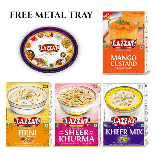 Lazzat dessert bundle pack with free tray mango custard firni sheer khurma kheer mix combo Pakistan