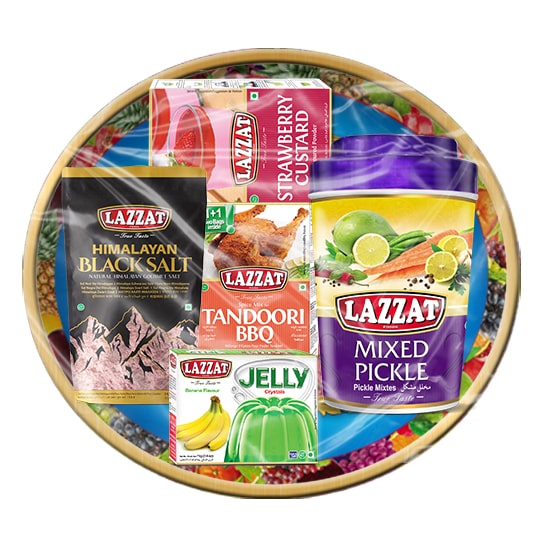 Lazzat Mega Tray Pack – Mixed Pickle, Black Salt, BBQ Masala, Jelly, and Custard in round gift tray