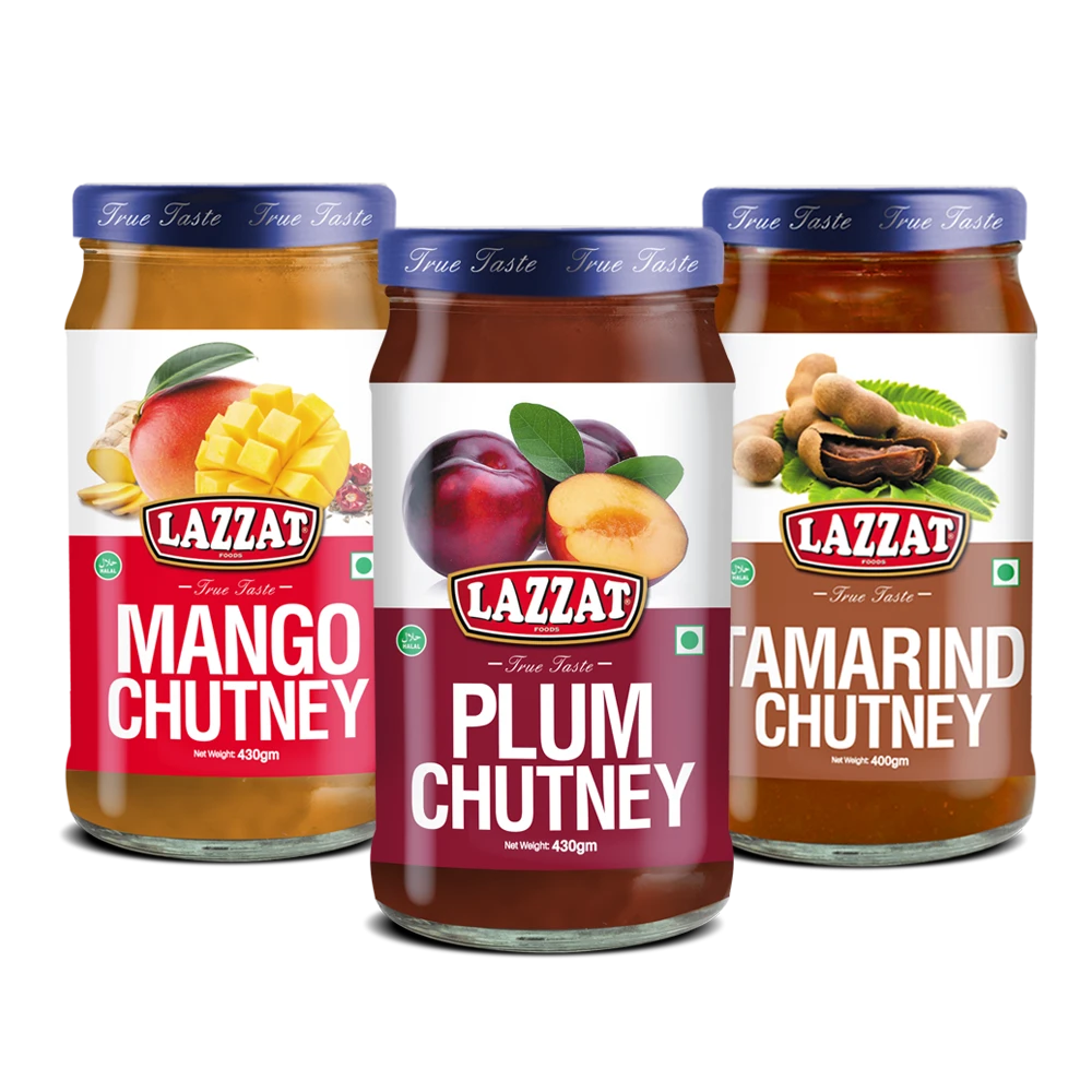 Lazzat’s chutneys collection featuring Mint, Mango, Tamarind, and Plum chutneys