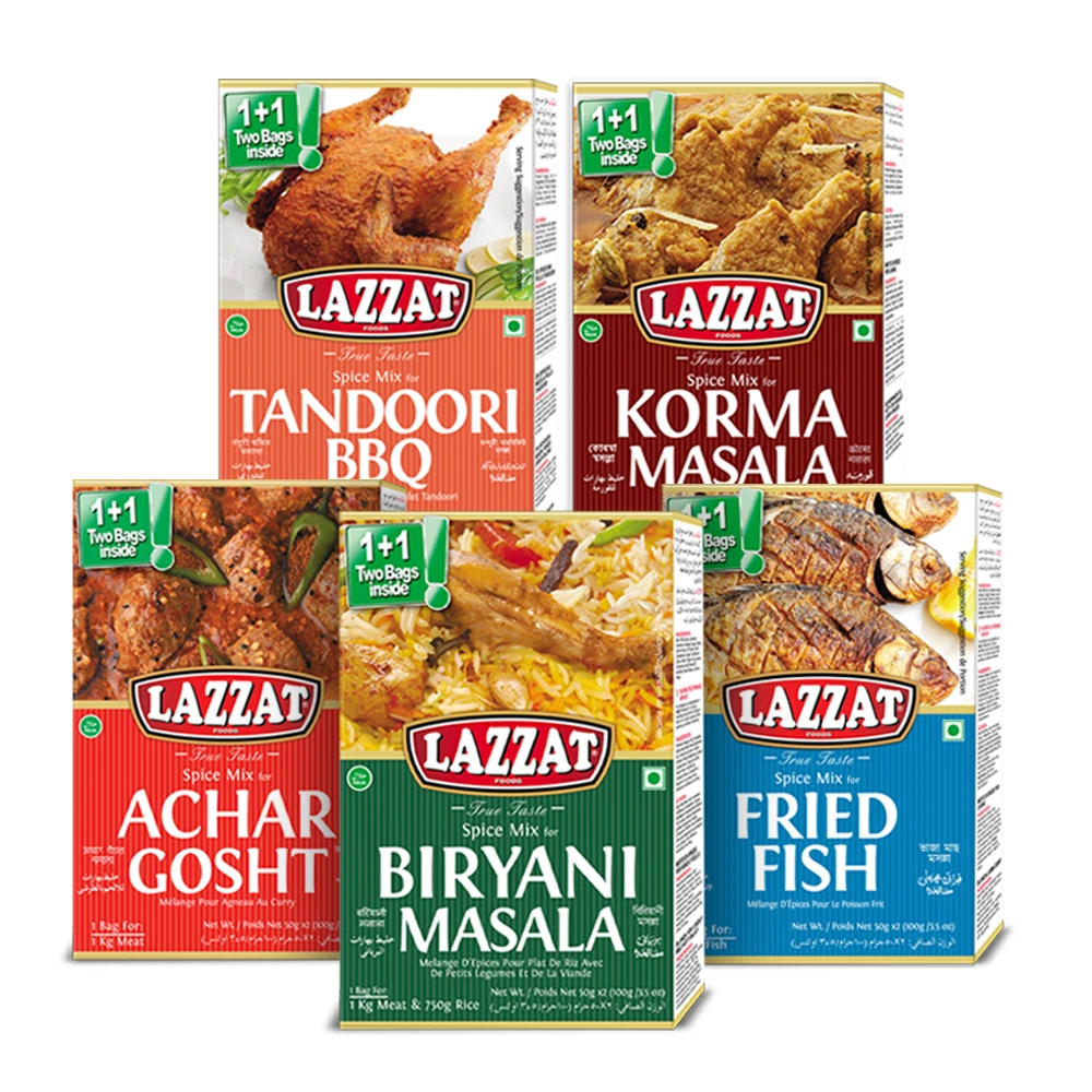 Lazzat’s collection of Desi recipe spice mixes for traditional South Asian dishes