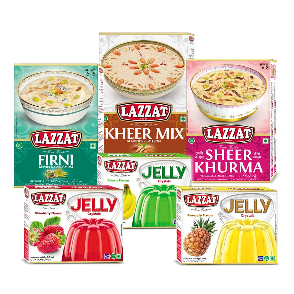 Lazzat’s collection of dessert mixes including Jelly, Custard, Sheer Khurma, and Kheer