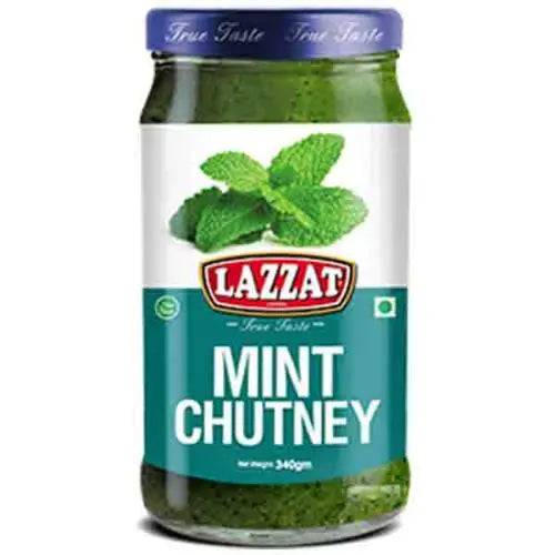 Lazzat Mint Chutney in 340g glass jar – Fresh, tangy mint chutney perfect for dipping, grilling, and enhancing flavors