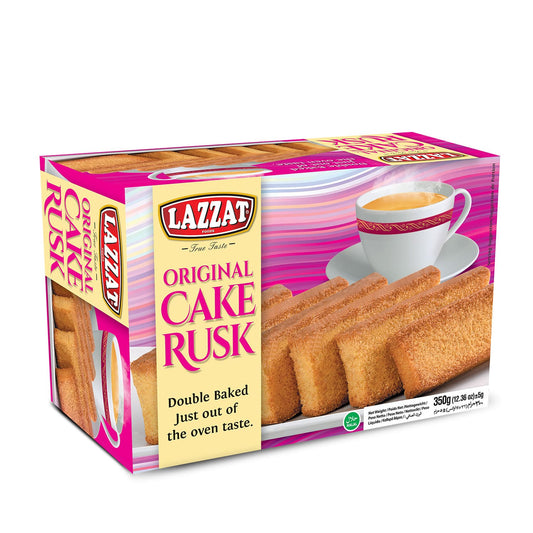 Lazzat Original Cake Rusk Box – Double Baked Rusk with Tea Cup (350g pack front view)