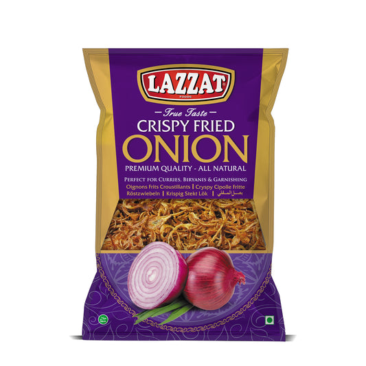 Lazzat Crispy Fried Onion pack – premium quality, golden fried onions with sliced red onion image (front view)