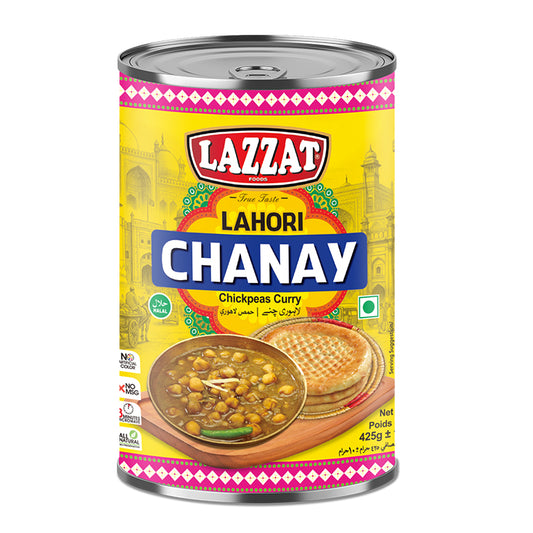 A can of Lazzat Lahori Chanay Chickpeas Curry, featuring a bright yellow label with traditional Indian patterns, the Lazzat brand logo, and an illustration of the chickpea curry dish with flatbread.