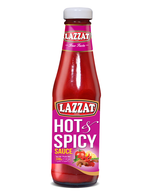 Lazzat Hot and Spicy Sauce 330g bottle – tomato chili sauce for dipping and cooking