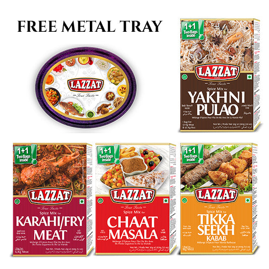 Lazzat masala bundle pack with free tray yakhni pulao karahi fry meat tikka seekh kabab chaat masala combo Pakistan