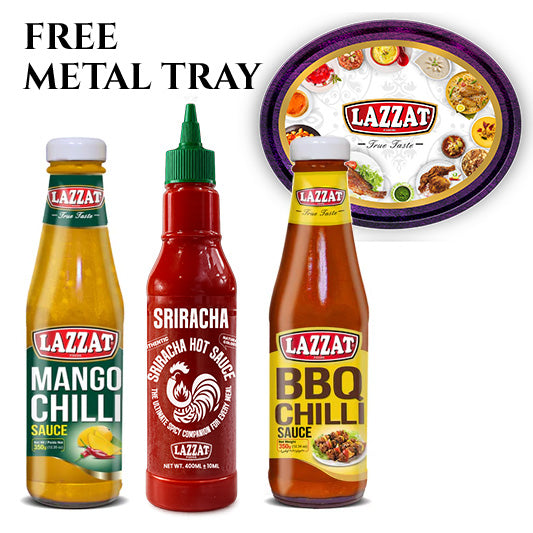 Lazzat Premium Sauce Bundle with FREE Metal Tray including Mango Chilli Sauce 330g, Sriracha Hot Sauce 400ml and BBQ Chilli Sauce 350g