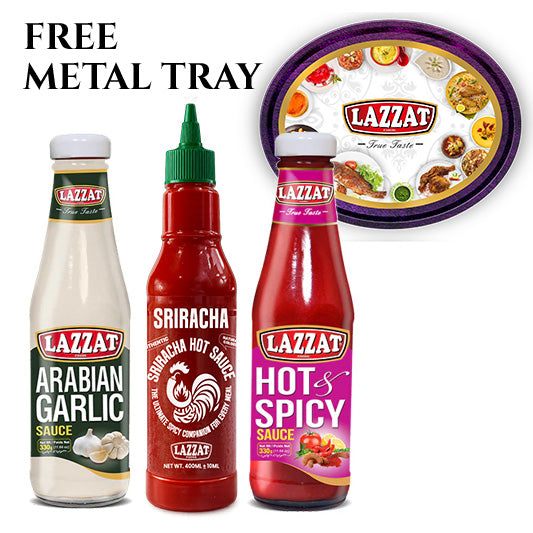 Lazzat Premium Sauce Bundle with Arabian Garlic Sauce, Sriracha Hot Sauce, Hot Spicy Sauce and free metal serving tray