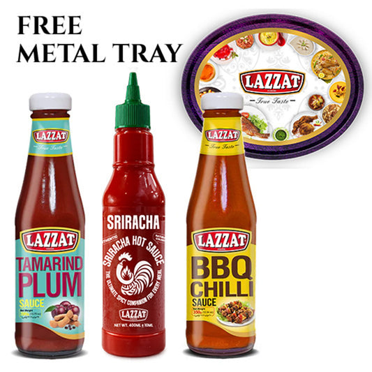 Lazzat Premium Sauce Bundle with FREE Metal Tray including Tamarind Plum Sauce 350g, Sriracha Hot Sauce 400ml and BBQ Chilli Sauce 350g