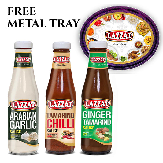 Lazzat Sauce Bundle with Free Metal Tray | Arabian Garlic, Tamarind Chilli & Ginger Tamarind