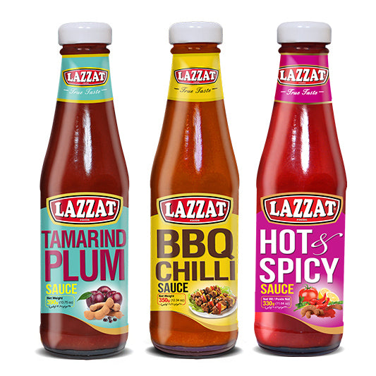 Lazzat sauce combo pack with tamarind plum BBQ chilli and hot spicy sauces