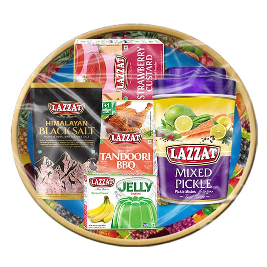 Lazzat Mega Tray Pack – Mixed Pickle, Black Salt, BBQ Masala, Jelly, and Custard in round gift tray