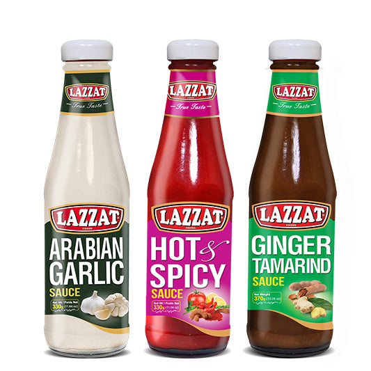 Lazzat Sauces Trio Bundle with Arabian Garlic, Hot & Spicy, and Ginger Tamarind bottles