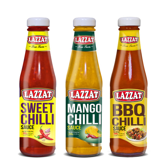 Lazzat Chilli Sauce Bundle – Sweet Chilli, Mango Chilli & BBQ Chilli sauces in bottles (front view)