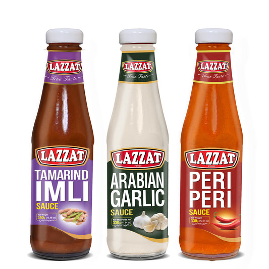 Lazzat Sauce Trio Bundle – Tamarind Imli, Arabian Garlic & Peri Peri in glass bottles (front view)